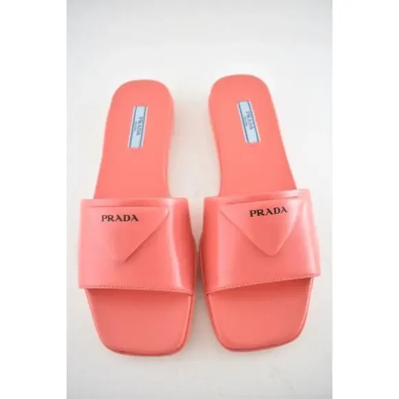 Prada Corallo Red Rubber Leather Triangle Logo Slide Sandal Flip Flop Flat 38.5 - Picture 8 of 12